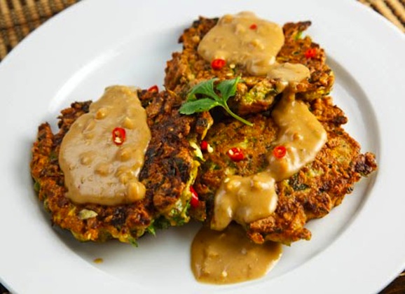 Savory Garlic Ginger Chickpea Fritters with Thai Peanut Sauce